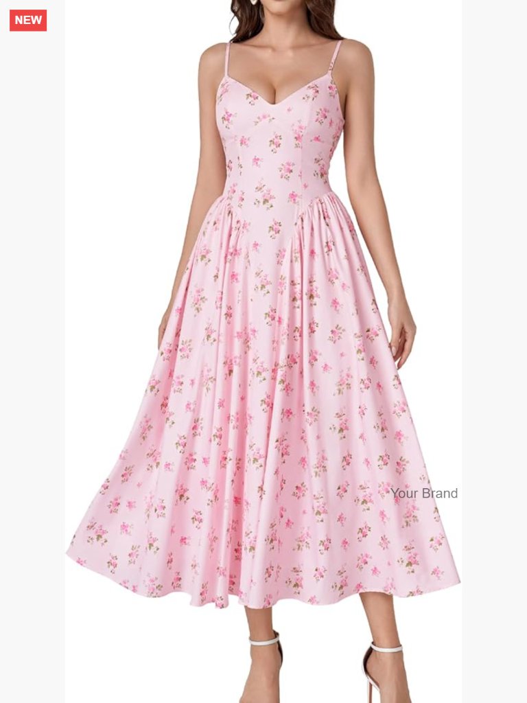 V Neck Lace Up Corset Midi Dress Flowy Floral Sundress Wedding Guest Spring